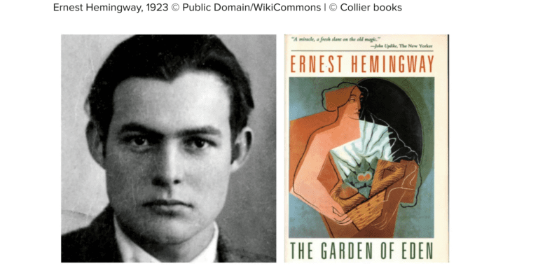 [black and white photo of Ernest Hemingway and a book cover]