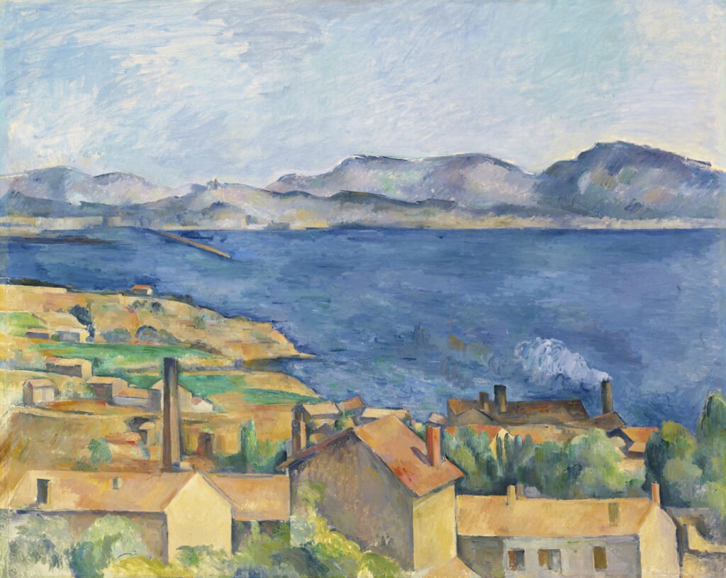 [painting of a blue bay with purple mountains in background and stone houses in foreground] Artist Paul Cézanne, South of France, southern france, French Riviera, Cote d'azur, France southern