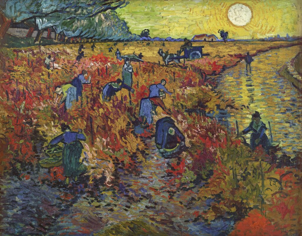 [Painting by Vincent Van Gogh of workers in a vineyard with red leaves in Arles] south of france, South of France, southern France, French Riviera, Cote d’Azur, Côte d’Azur, famous artists south of France,