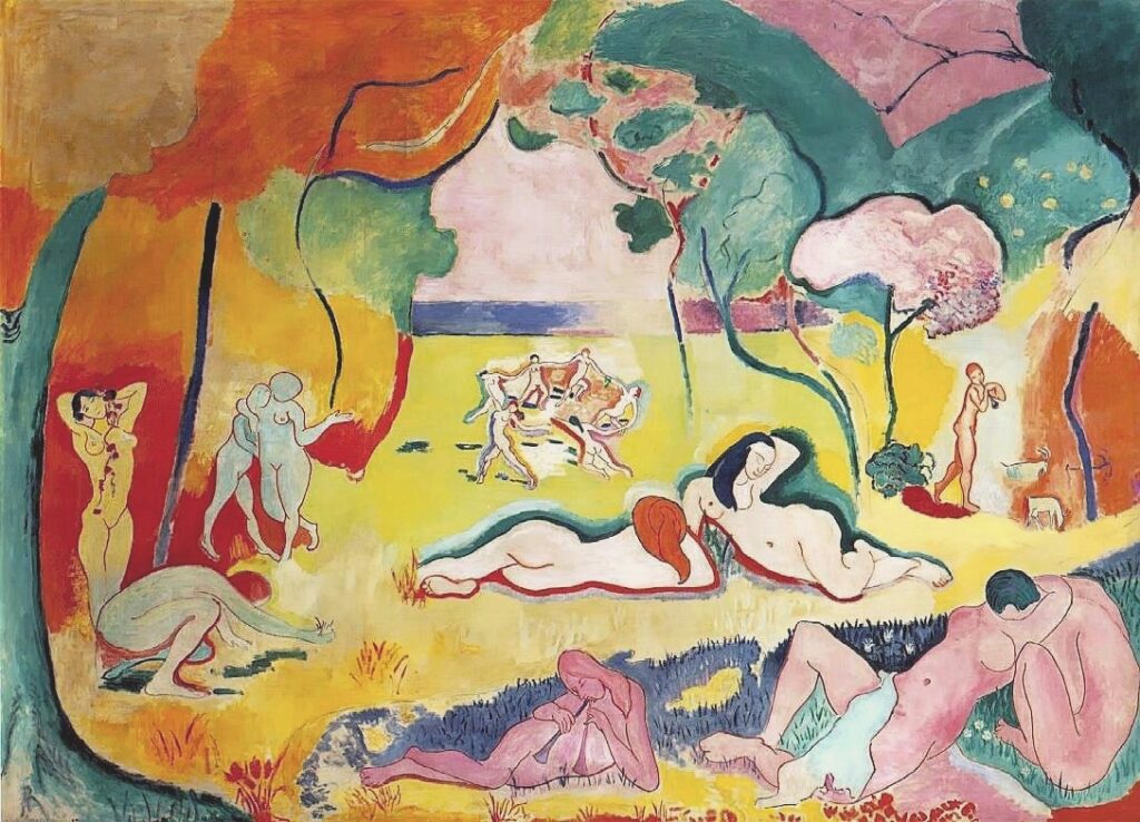 [painting of nudes in various positions in bold colors painted by Henri Matisse] The happiness of living, matisse bonheur de vivre, Joie de vivre meaning, joy of living
