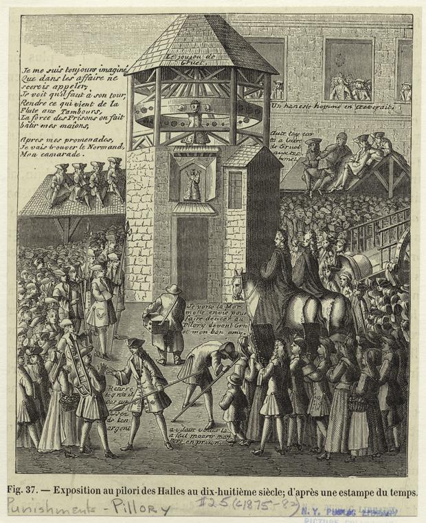 [an artists rendering of a crowd of people in 18th century France gathering to watch a punishment by pillory]