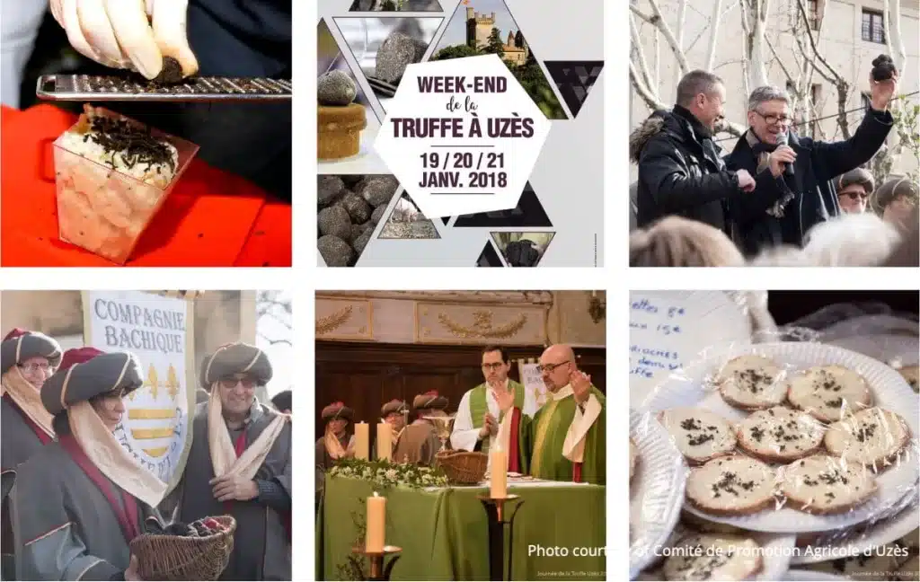 [A collage of 6 pictures showing people at a food festival in Uzes France, celebrating truffles]holiday south of France | holiday in south of france, south of france holiday, french food festival