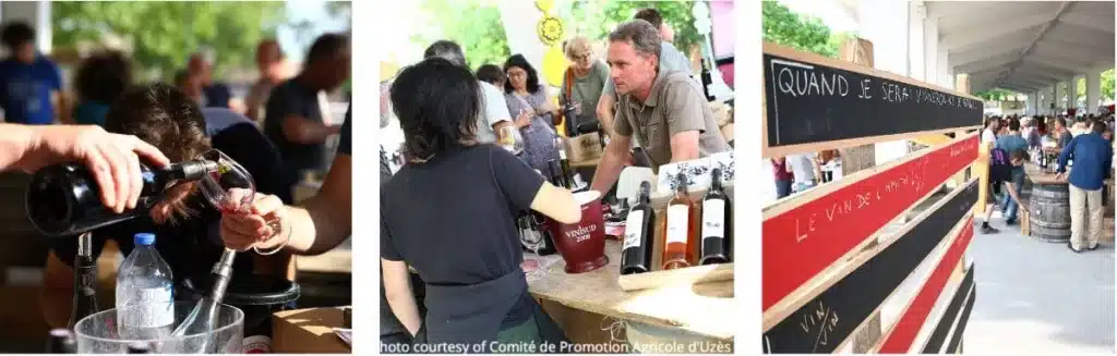 [a collage of three images of people enjoying wine and food at an outdoor festival]holiday south of France, what to do in avignon provence, gard department , french food festival