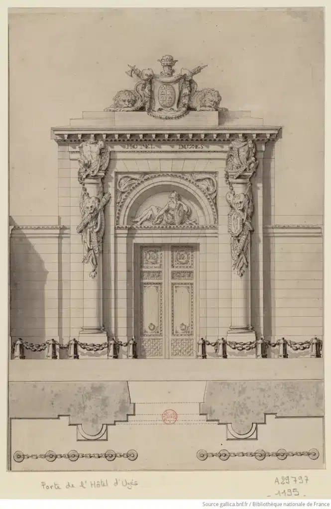[an architectural drawing of an elaborate door for the Hotel D'uzes to be seen in tours to Uzès near Avignon]