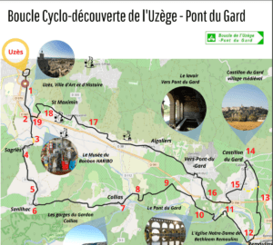 [a map shows a bicycle route to Pont Du Gard from Uzès near Avignon tourism]