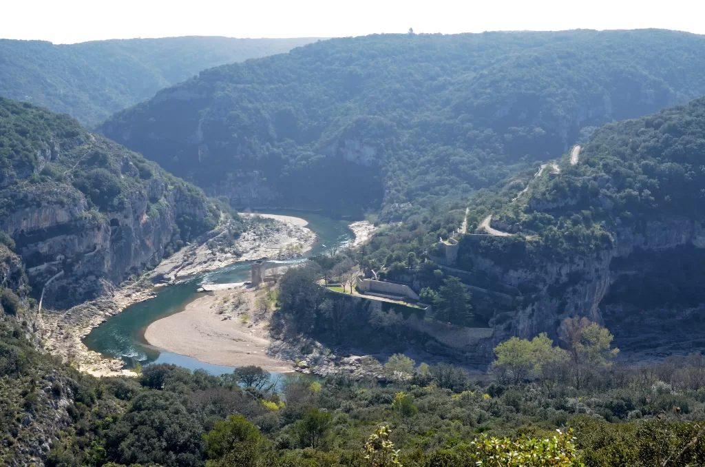 [an aerial view of the Gorges du Gardon near Uzes France]