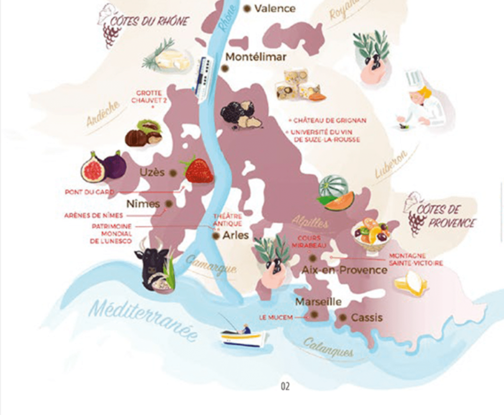 [a map showing the Vallee du Gastronimie Valley of Gastronomy highlights in the Gard Department showing uzes France]