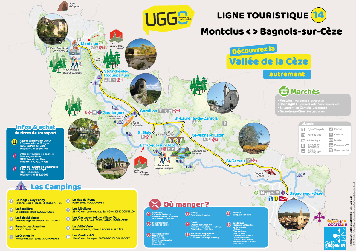 A map of the UGGO bus line shows the routed from Bagnols-sur-Cèze to Montclus with photos of the highlits, in French.