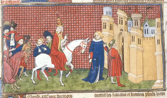 [a manuscript illumination in bright colors of a man in blue robes leading a white horse into a castle with man in red cape astride] Avignon Pope, Papal schism, Popes in Avignon, Popes of Avignon, Vins du pape - Pape wine